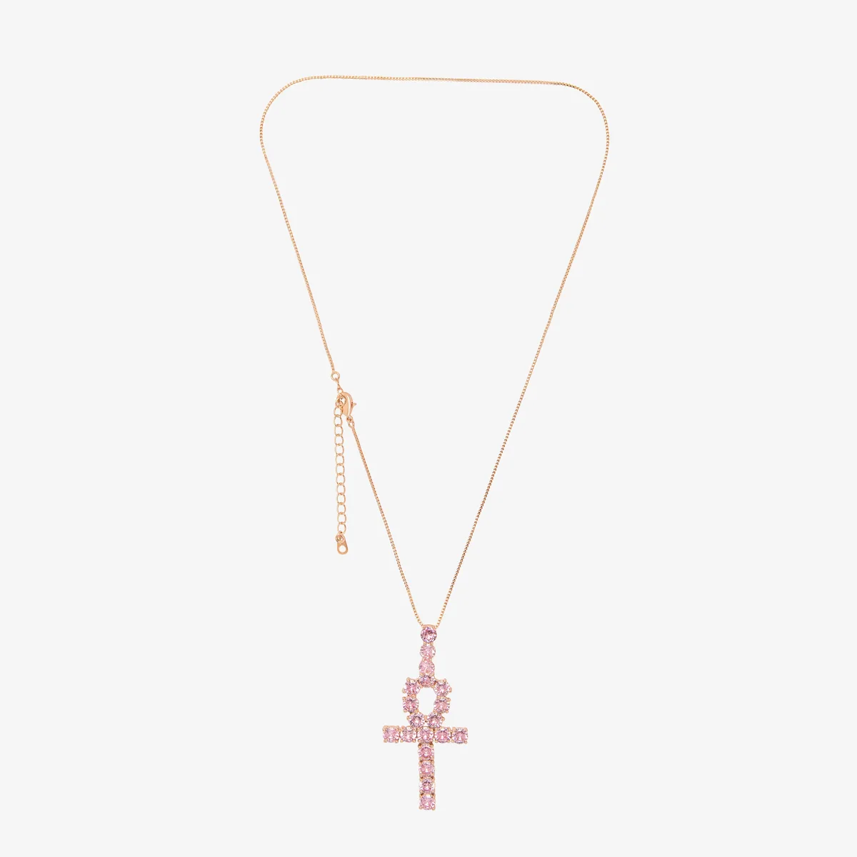 Collier croix ankh sertie de pierres roses