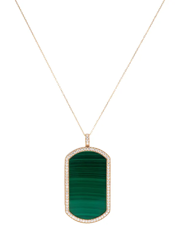 Pendentif en malachite entouré de diamants sur chaîne en or